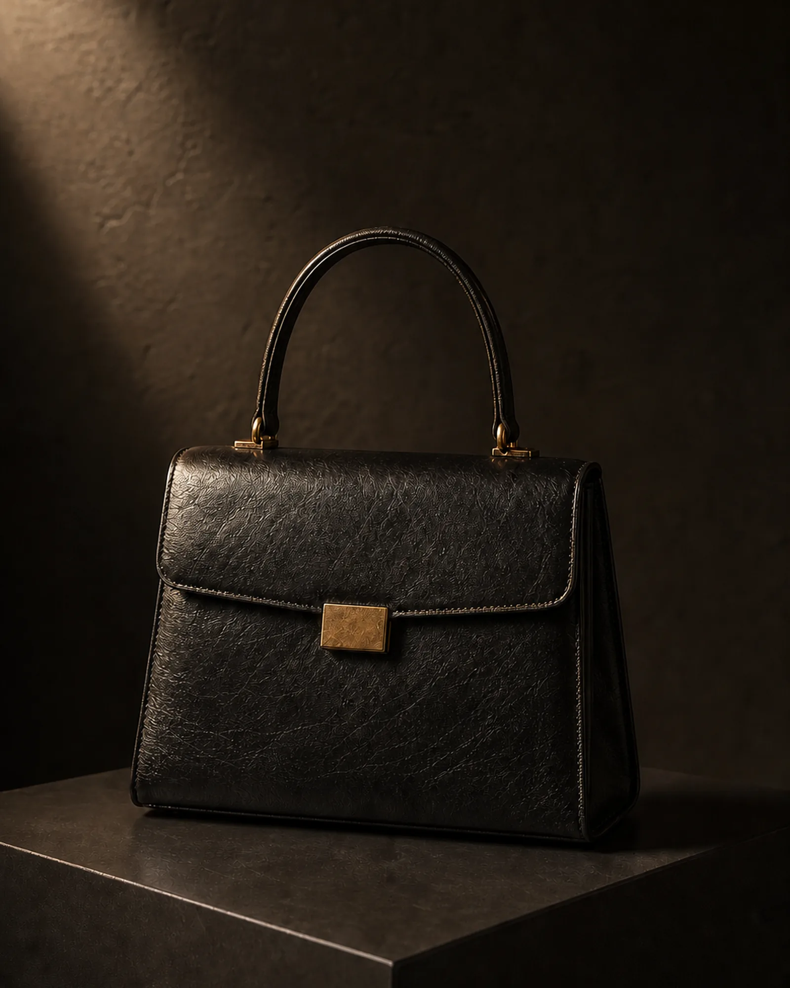 Editorial mockup of a black structured top-handle handbag