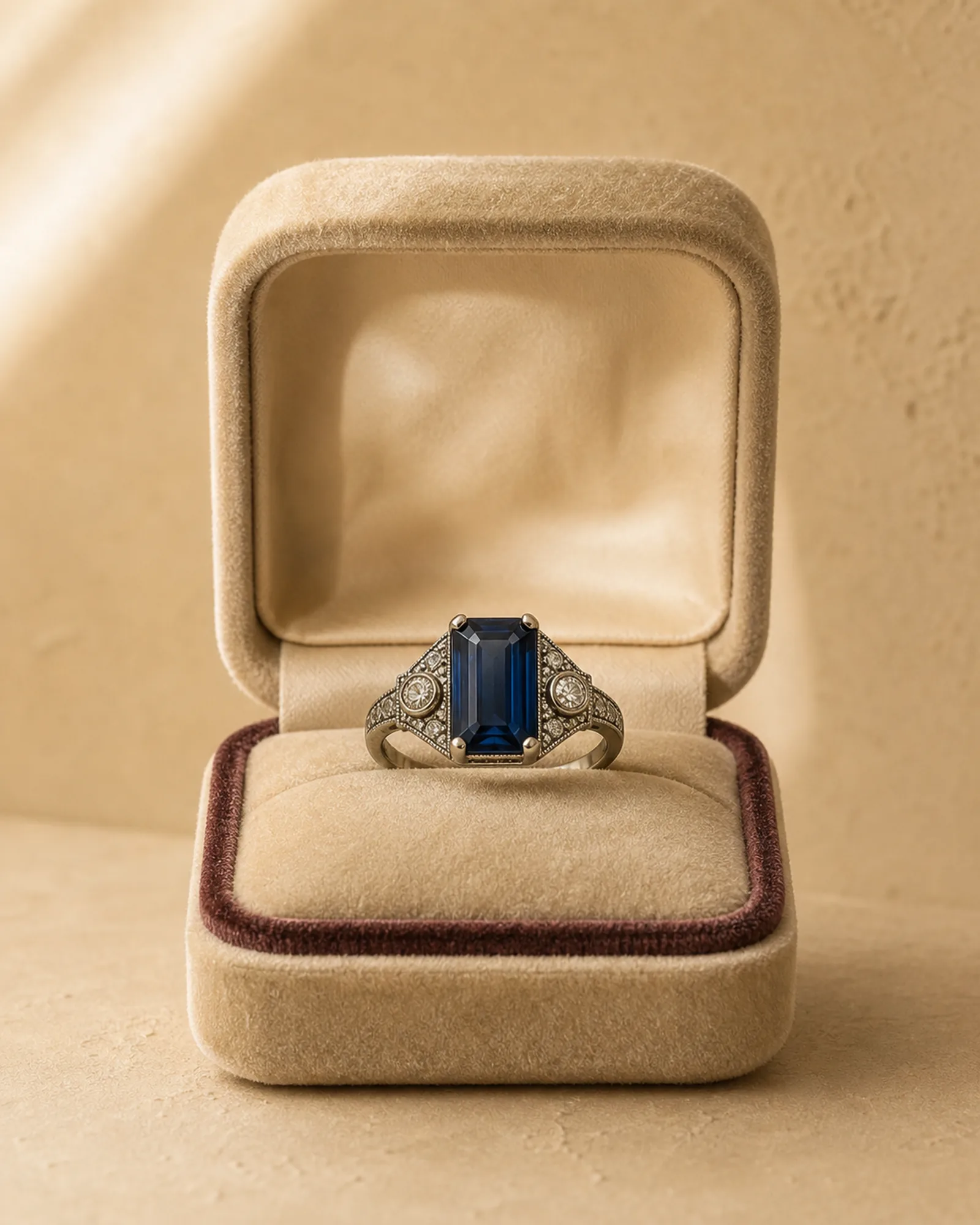 Editorial mockup of a midnight-blue cocktail ring in an ivory box