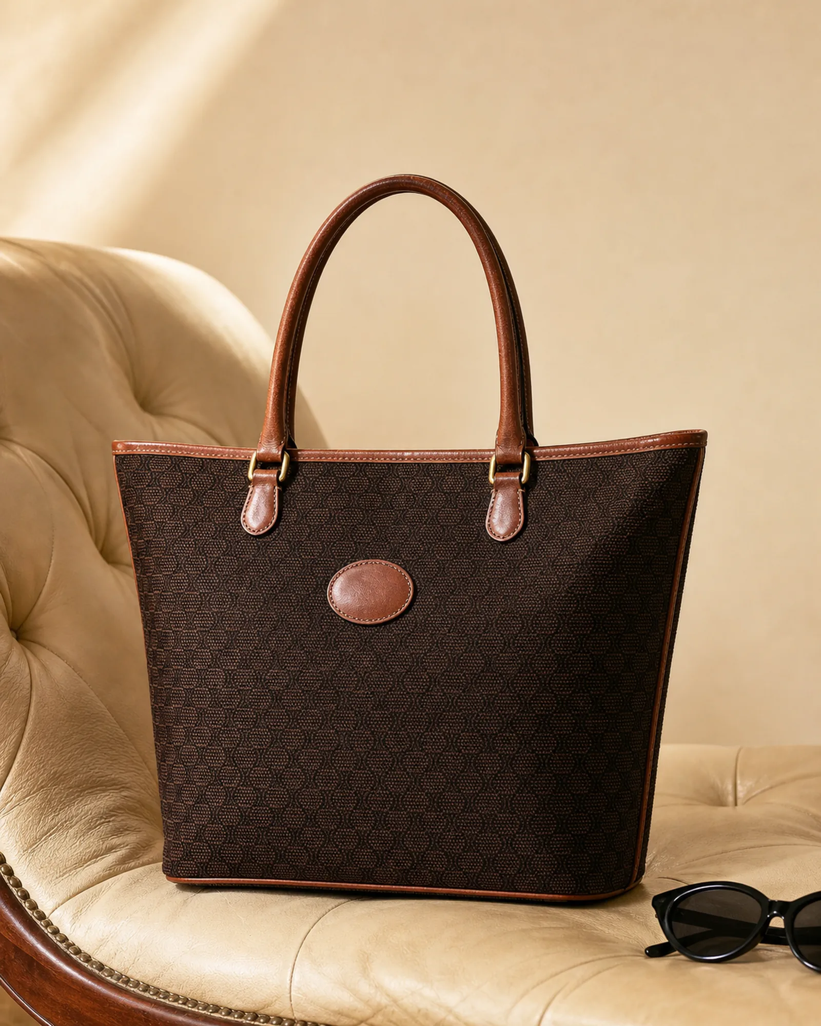 Editorial mockup of a generic woven tote handbag with black sunglasses